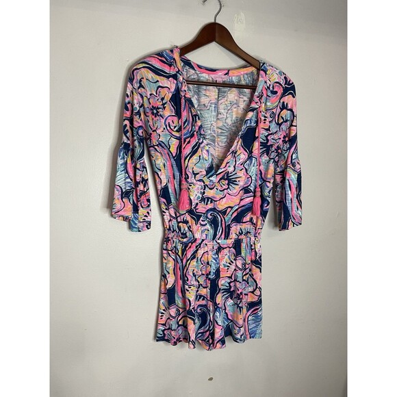 Lilly Pulitzer Womens XXS Blue Pink Romper Elastic Waist Bell Short Sleeve VNeck - Picture 2 of 11
